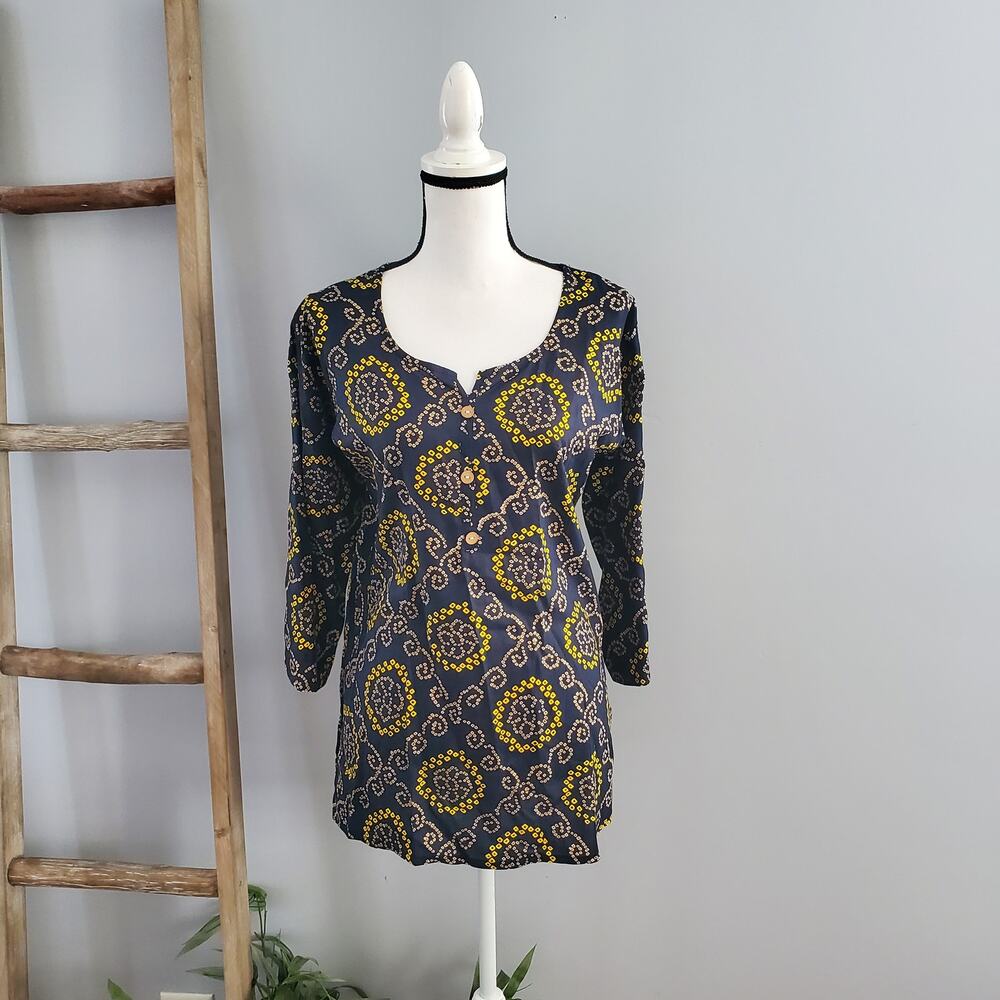 Boho Navy Blue Lightweight 3/4 Button Pullover Top Shirt L